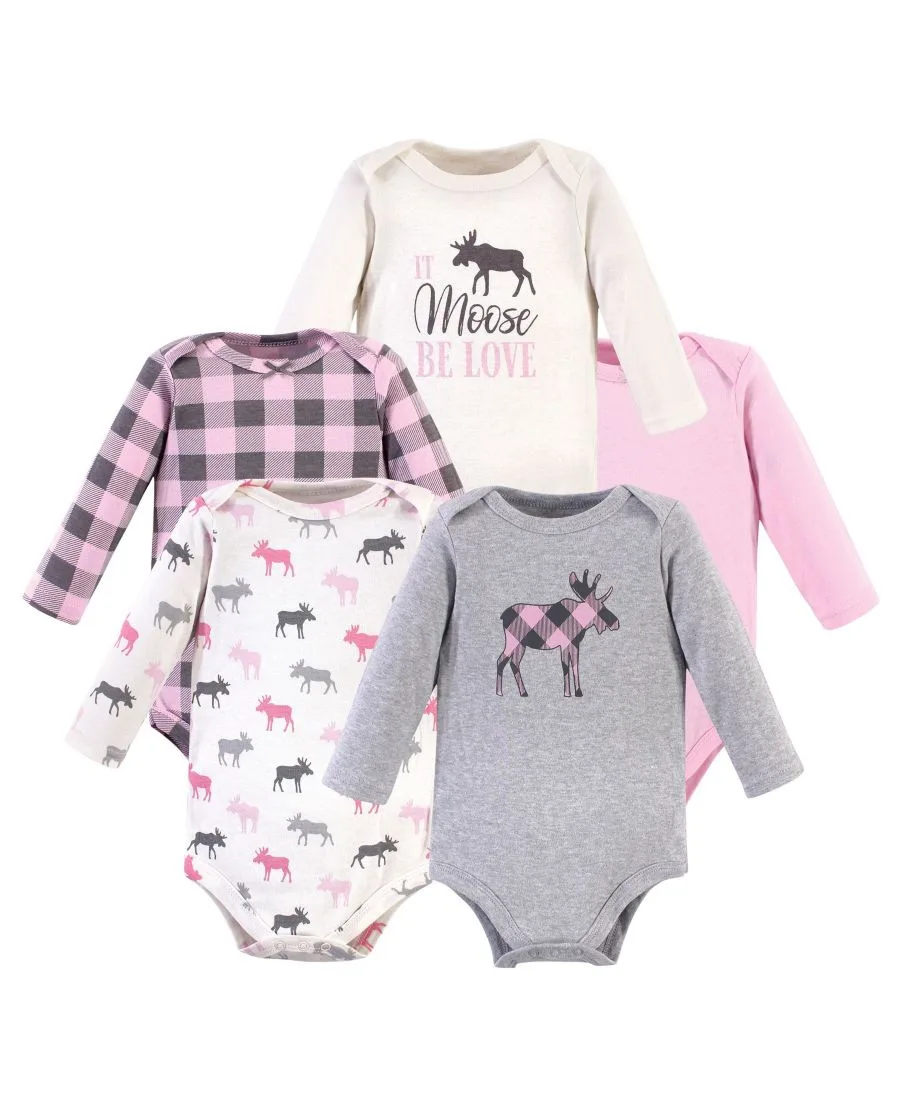 Хлопковые боди с длинными рукавами, комплект из 5 штук с рисунком слона Hudson Baby, розовый moose