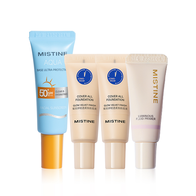 Набор Mistine: солнцезащитный крем Aqua Base Ultra Protection SPF50 + тональная основа Cover All Foundation NN120, 5 г*2 + праймер-флюид 01 — фото 4