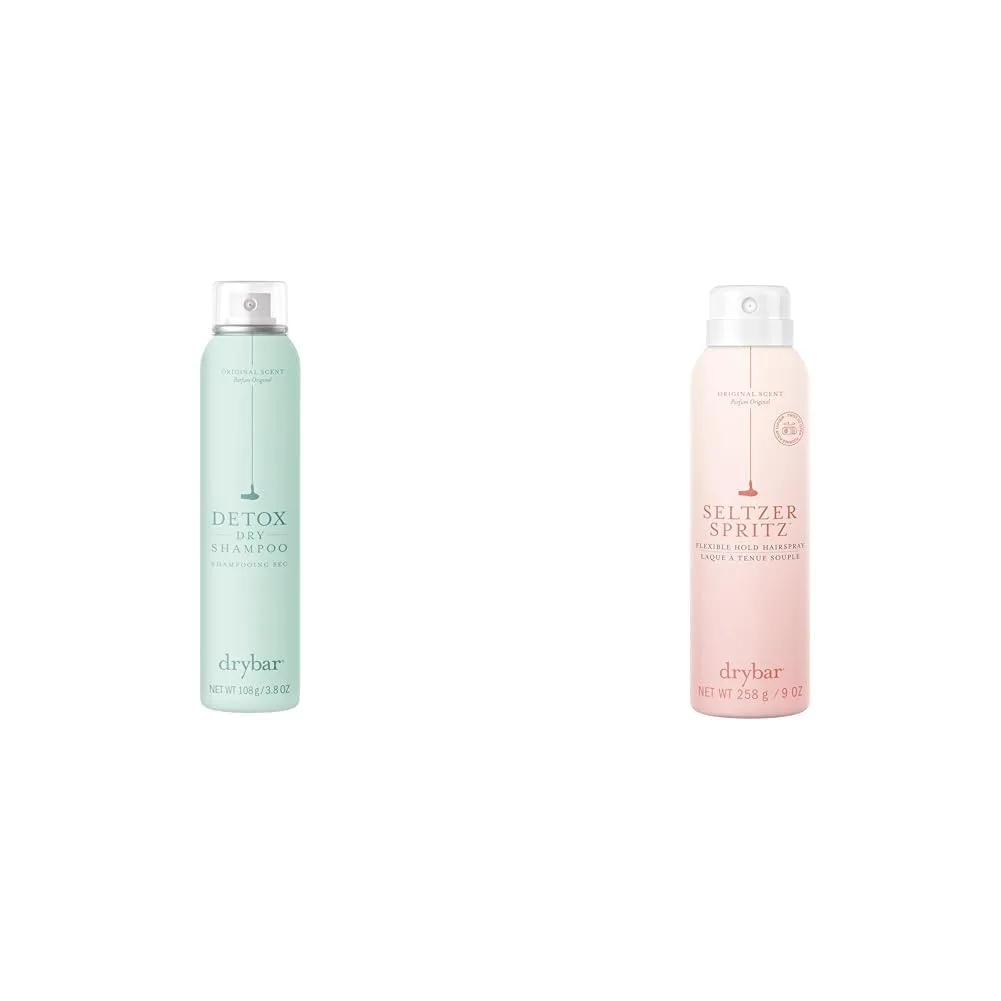 Набор из сухого шампуня Drybar Detox и газированного спрея Drybar Seltzer с лаком для волос гибкой фиксации.