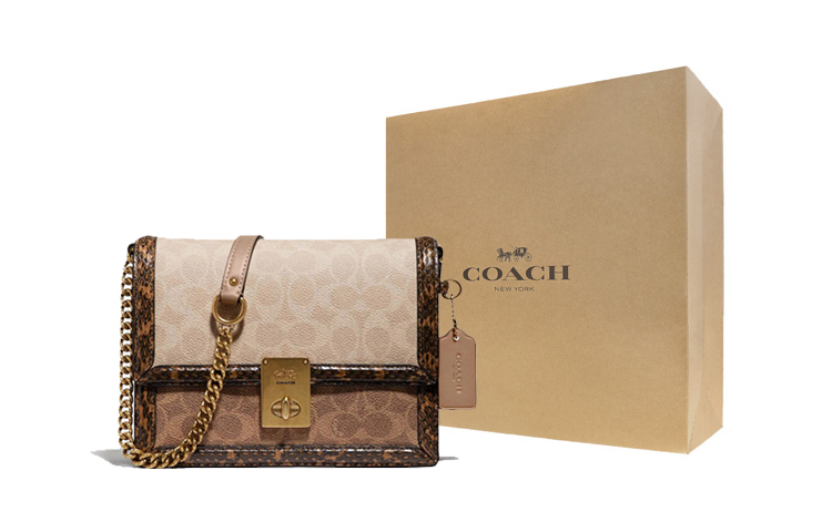 

COACH Кожаная сумка Хаттон с крокодиловым принтом и покрытым холстом маленькая квадратная сумка через плечо женская коричневая