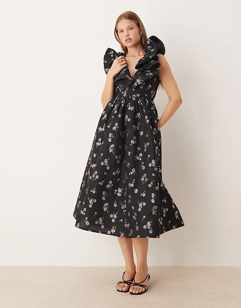 

Платье миди True Decadence с оборками из черно-сиреневой парчи