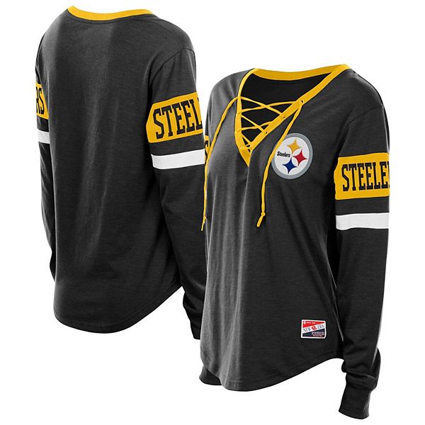 

Женская черная футболка Pittsburgh Steelers plus size throwback с длинным рукавом и шнуровкой New Era, Черный, Женская черная футболка Pittsburgh Steelers plus size throwback с длинным рукавом и шнуровкой New Era