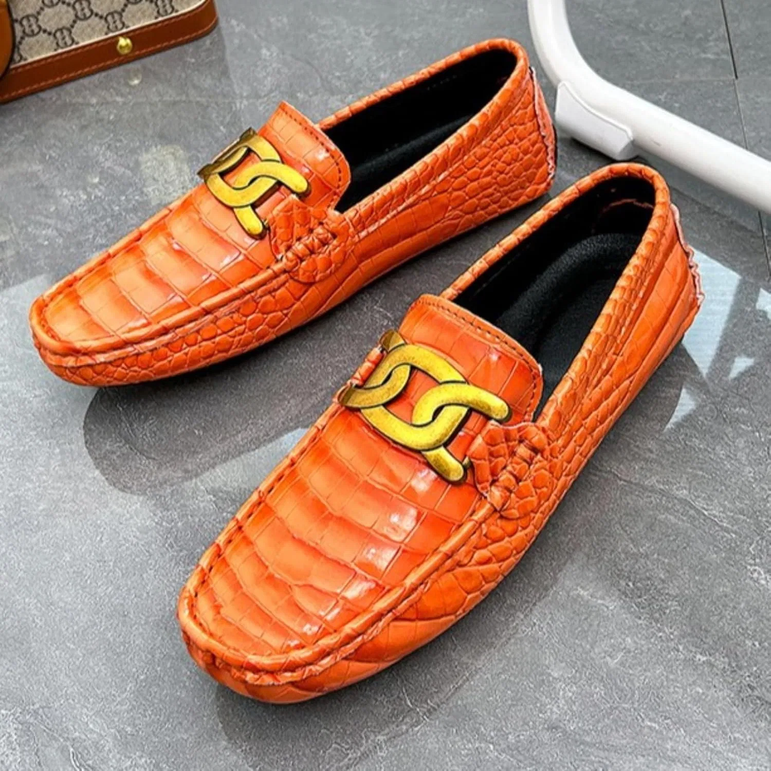 Лоферы крокодиловая кожа, Slip-On, оранжевый JingSMNX — фото 4