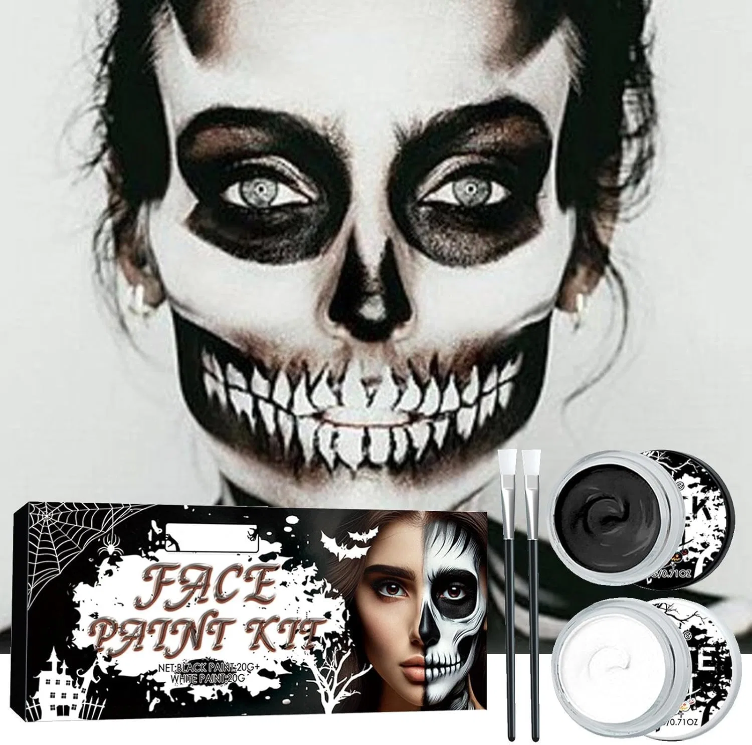 Грим для лица и тела Black White, профессиональный набор с кистями, 2 цвета — фото 3
