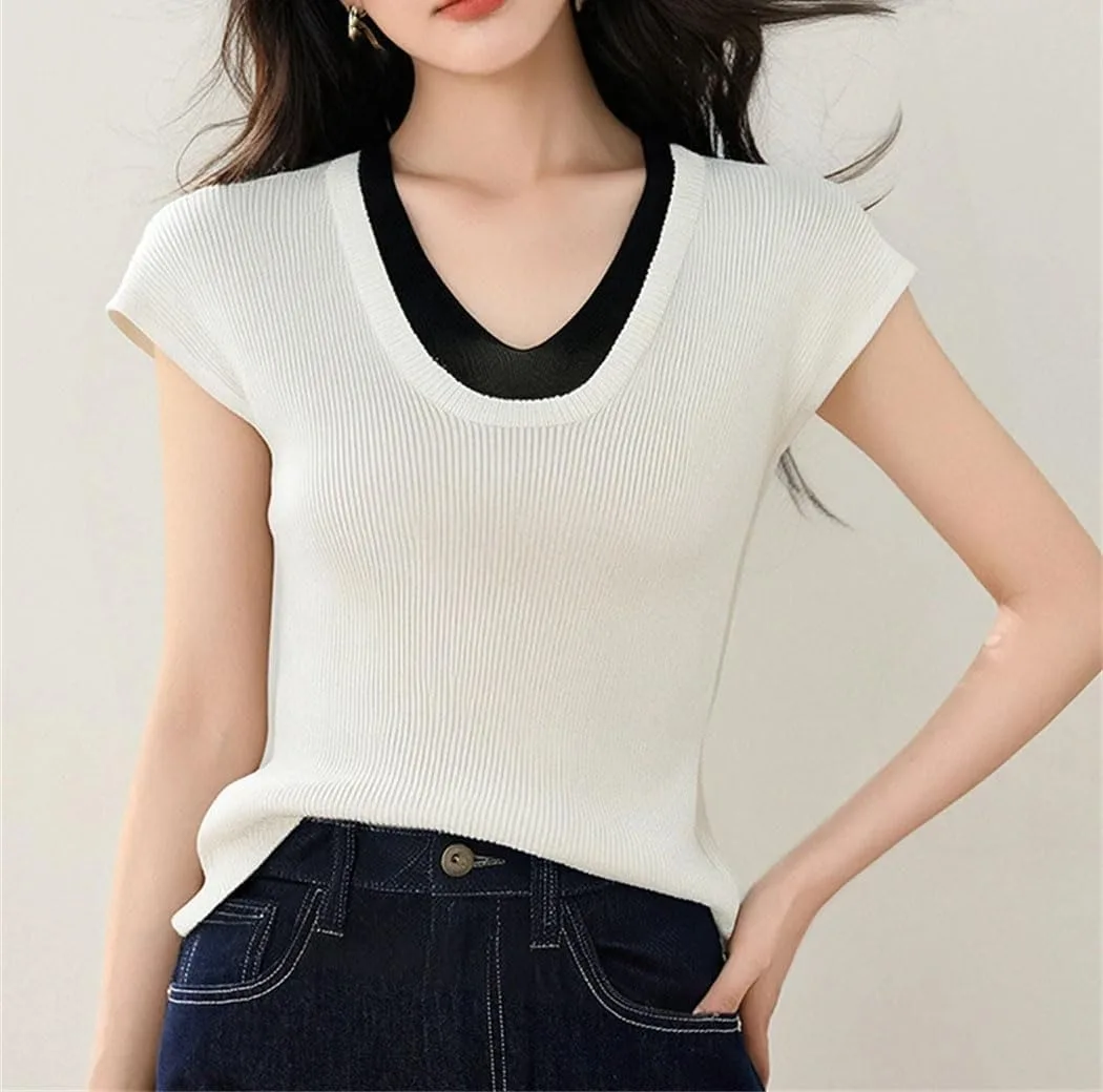 Женская летняя вязаная футболка с коротким рукавом Fake-Two Piece Slim Fit — фото 4