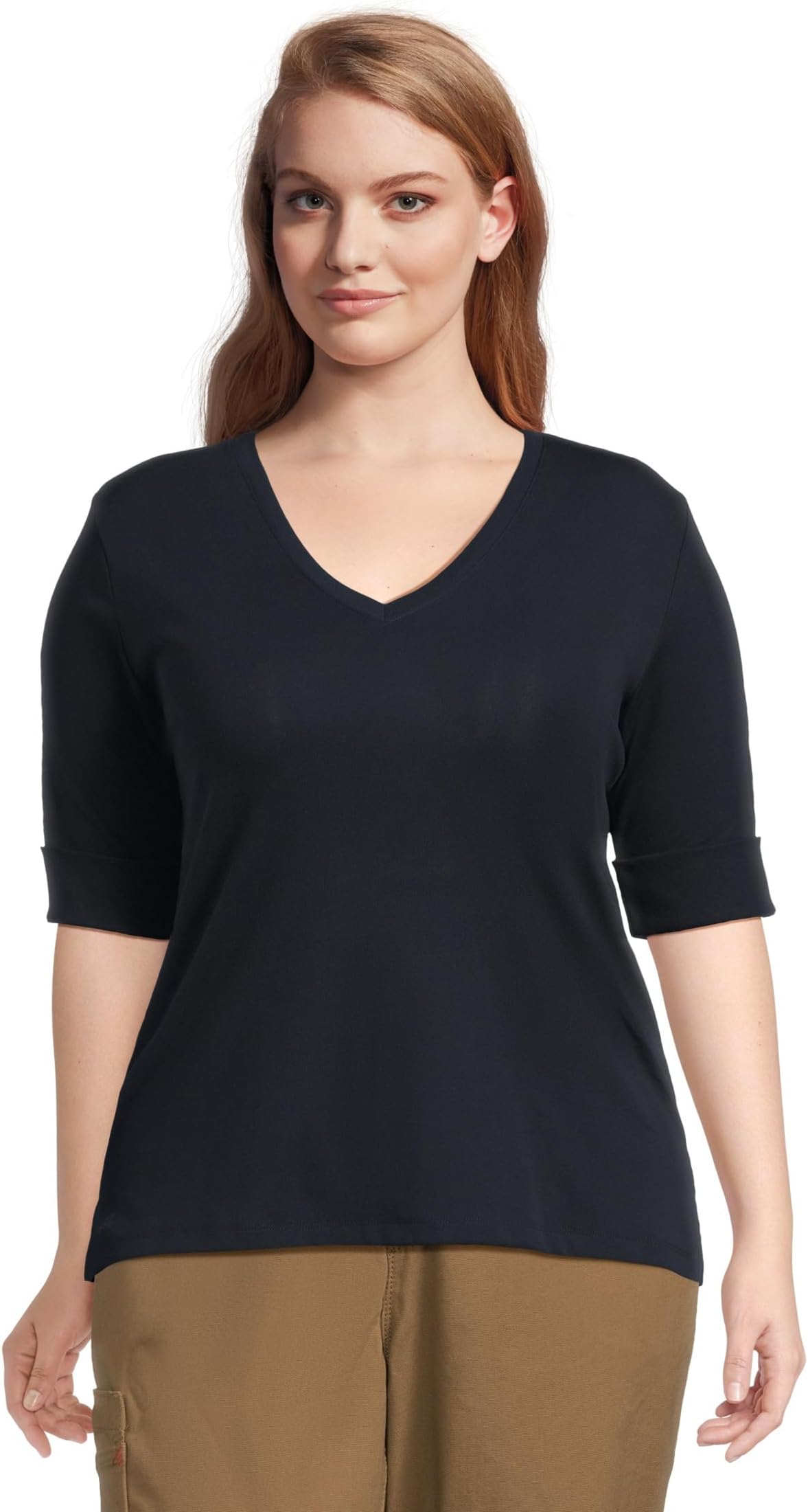

Футболка Lauren Ralph Lauren Plus Size Stretch Cotton Elbow-Sleeve V-Neck Tee, цвет Lauren Navy