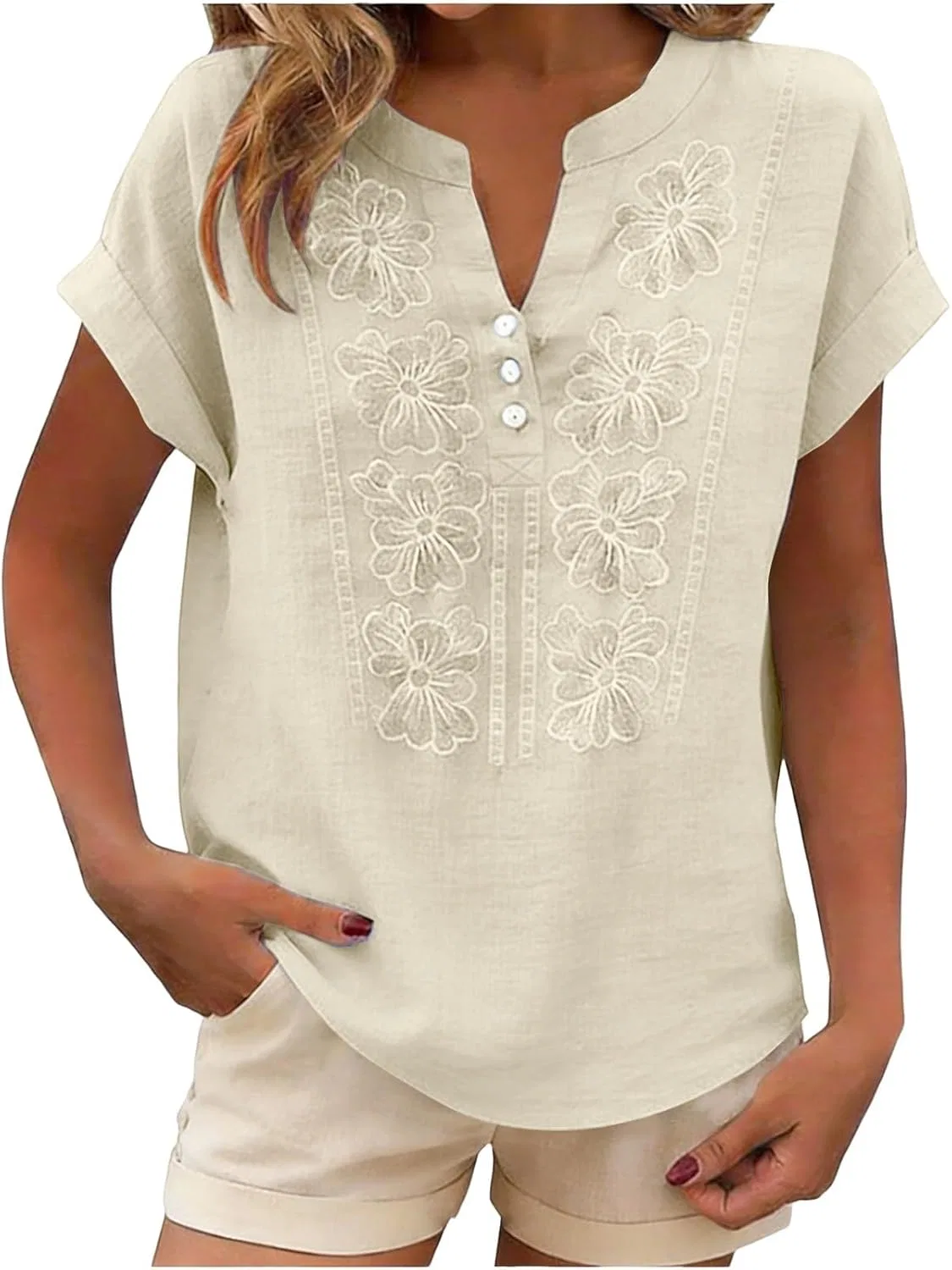 Блуза с вышивкой, льняная хлопковая, Women's Linen Cotton Neck Blouse, бежевый