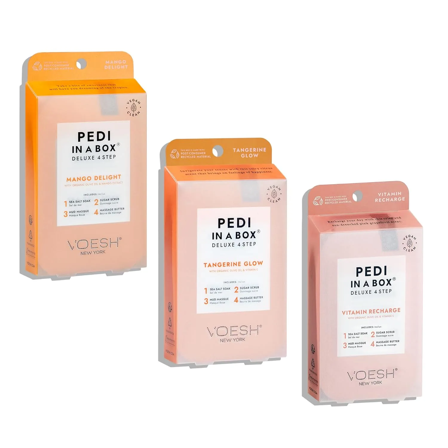 Набор для домашнего педикюра VOESH Pedi in a Box 4 Step Fruity Trio - 3 упаковки: Mango Delight, Tangerine Twist и Vitamin Recharge. Веганский уход за ногами. Педикюр своими руками.