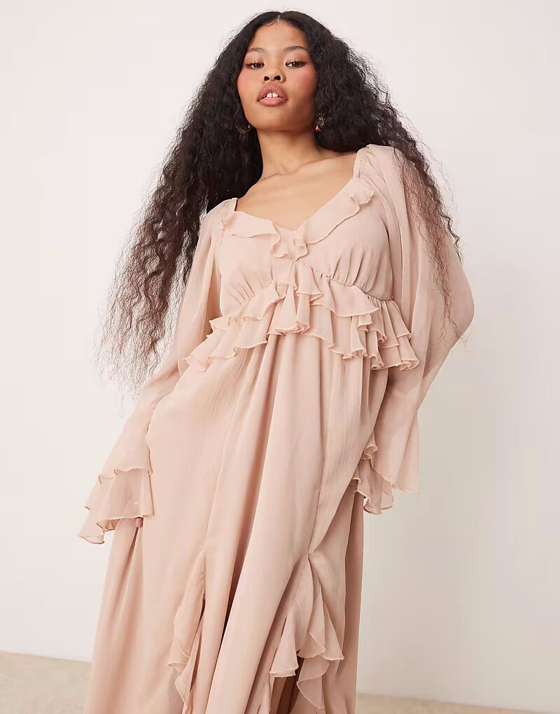 

Платье макси Miss Selfridge Petite из шифона в стиле бохо с оборками розового цвета
