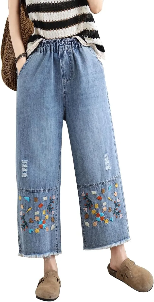 

Женские повседневные джинсы с вышивкой, завышенная талия, широкие Aricaca