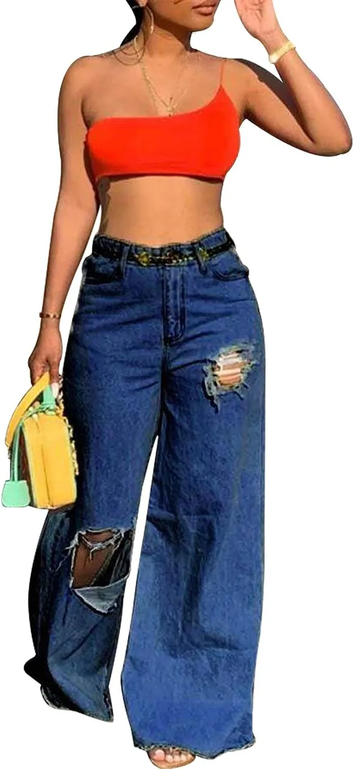 

Kaxiya2021 Женские джинсы Loose Ripped Casual Destroyed Wide Leg Denim Pants High Waist
