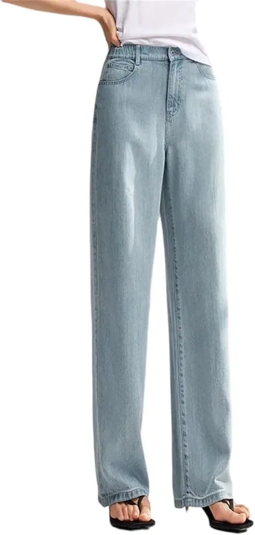 Джинсы широкие, Light Medium Blue, Women Elastic Waist Long Jeans Summer Cool Feeling Wide Leg Trousers Comfort Fit