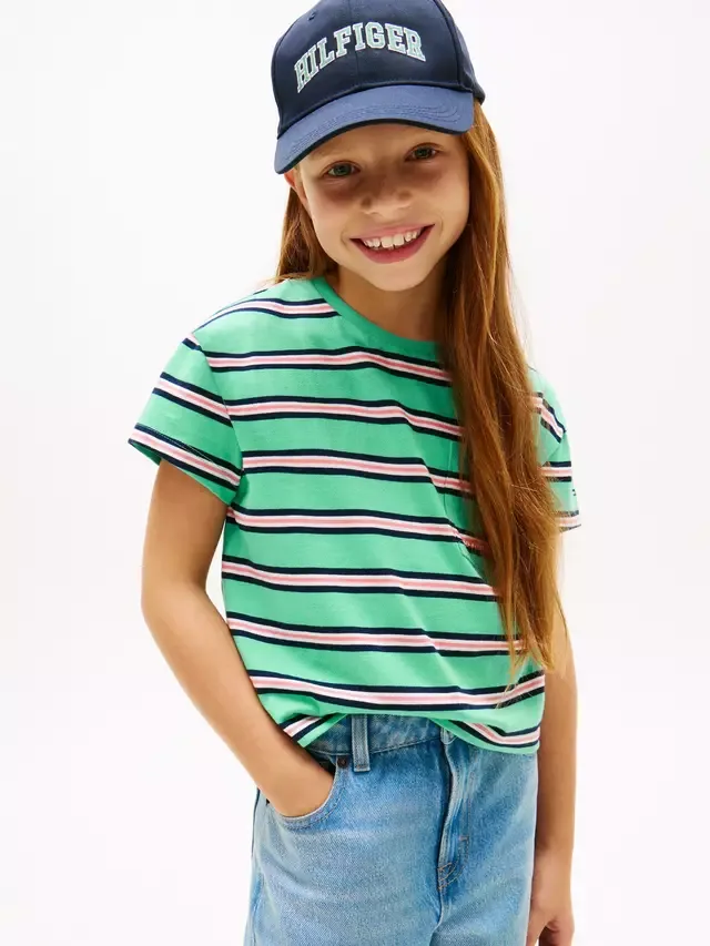 Детская полосатая футболка из чистого хлопка, зелено-розовая Tommy Hilfiger