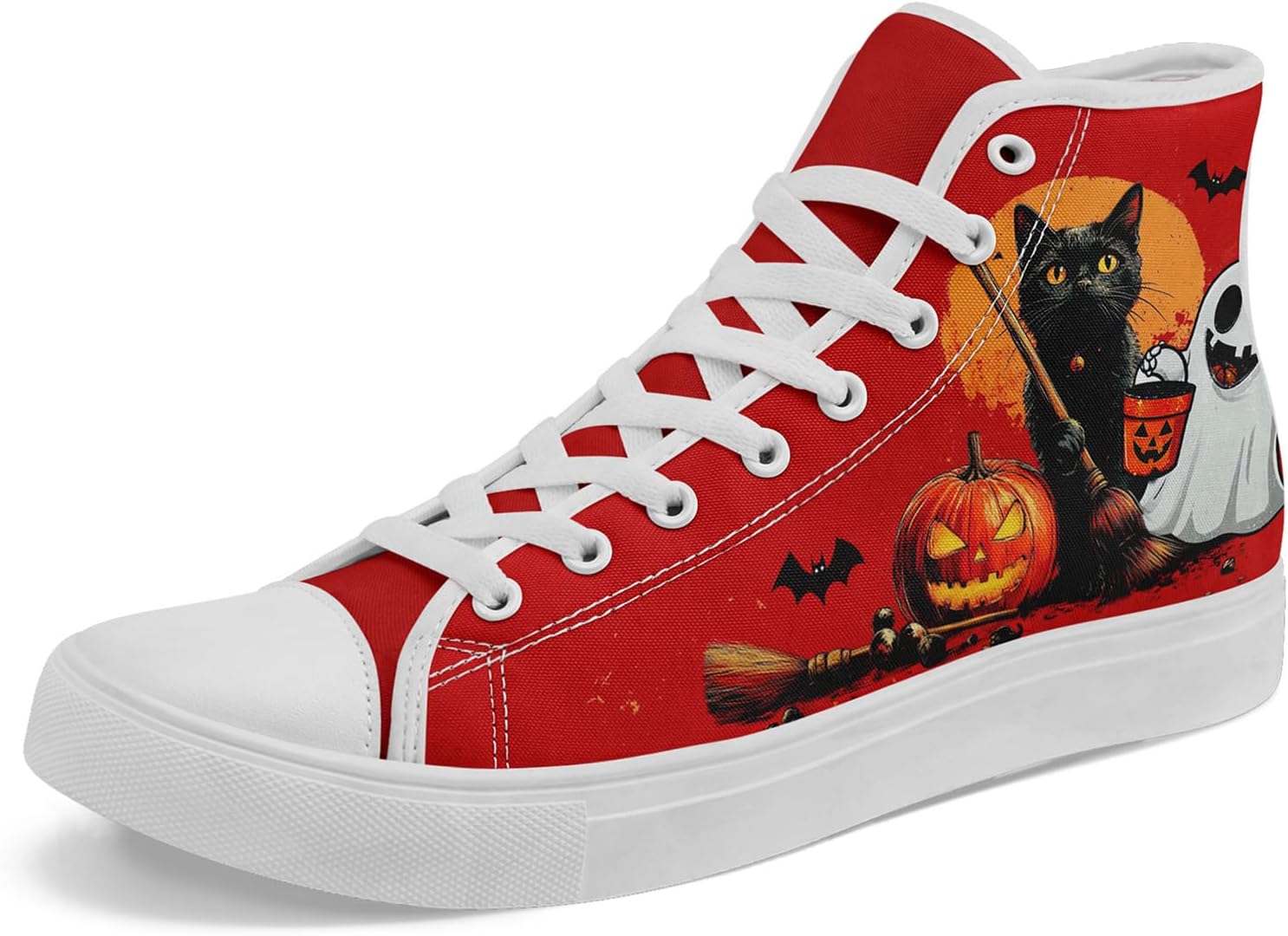 

Крутые настраиваемые высокие кеды из холста на Хэллоуин для мужчин и женщин с дизайном призраков, кошек и тыкв, стильные повседневные плоские обувь для прогулок Coolcustomize, белый/черный/красный/оранжевый