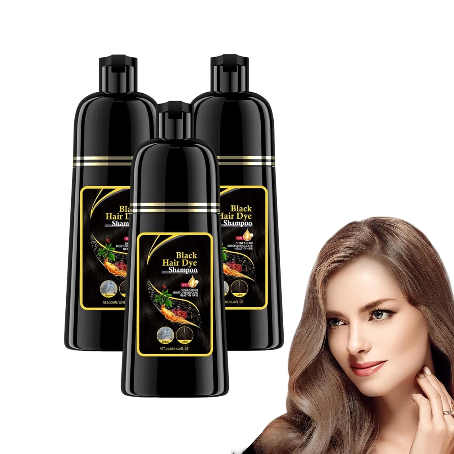 Растительный шампунь 3-в-1 для черных волос, 3 флакона Vkaoess, 3 Bottles