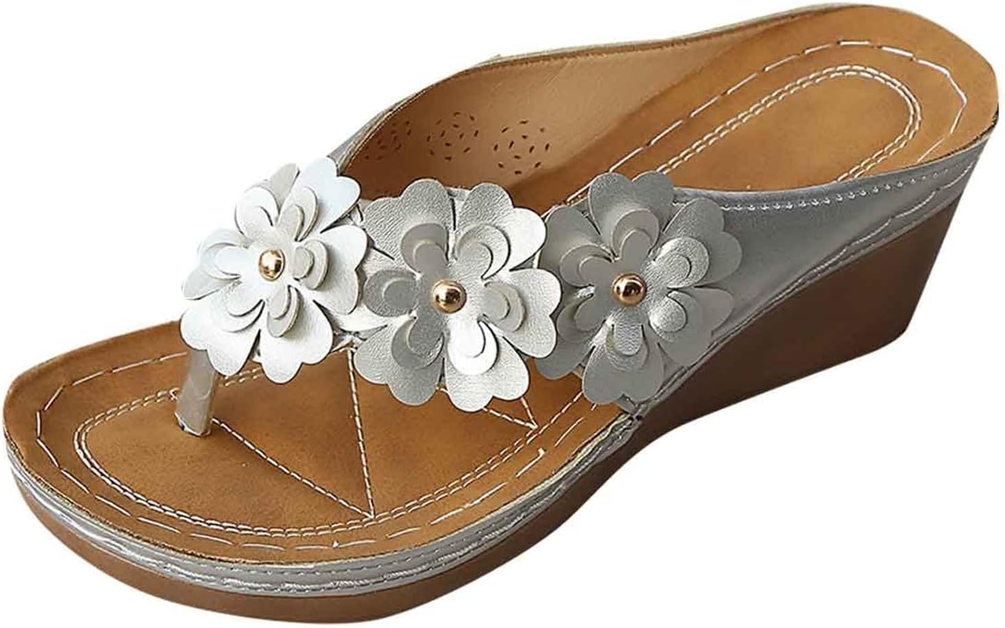 

Женские сандалии Комфортные платформенные сабо на танкетке Плоские шлепанцы с открытым носком Нарядные повседневные прогулочные туфли Стильные сандалии с цветочным узором для пляжа и отпуска с поддержкой свода стопы Generic, серебро