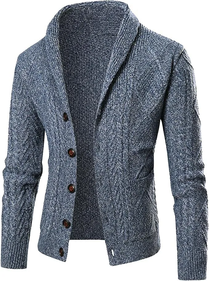 

Мужской кардиган с шалькой воротником, вязаный крупной вязкой, свободного кроя