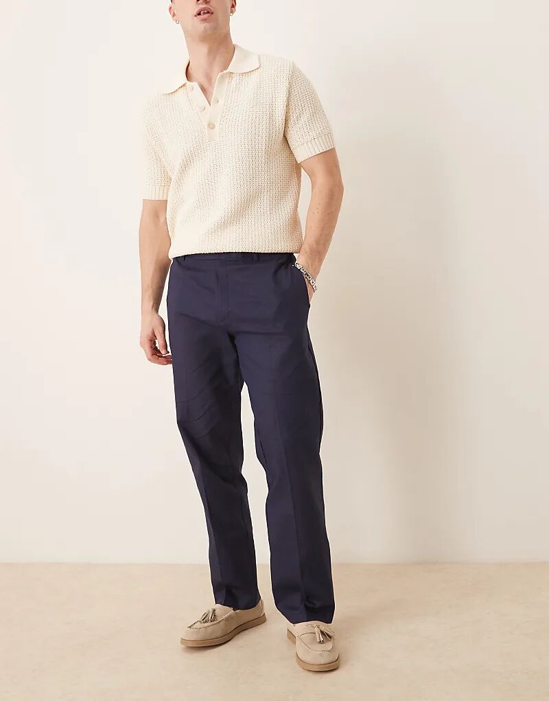 

Строгие прямые брюки из льняной смеси ASOS DESIGN темно-синего цвета