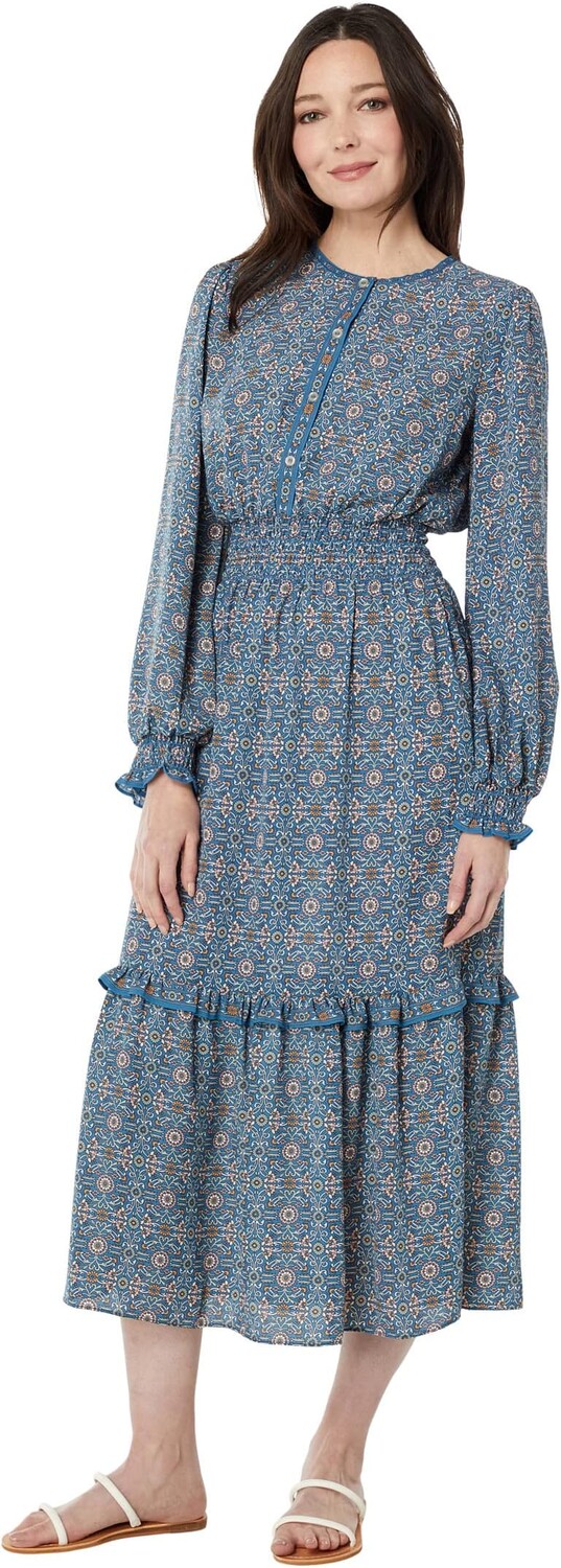 

Платье Max Studio Crepe Long Sleeve Smocked Midi Dress, цвет Blue/Blush Medium Multi Leaf Crest