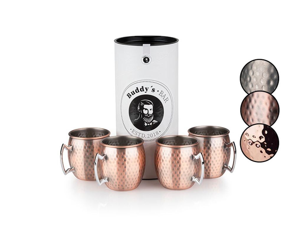 

Buddy's Bar - кружка Moscow Mule, 500 мл, кружка из высококачественной нержавеющей стали, безопасна для пищевых продуктов, с эффектом молотка, чашка для коктейлей, включая подарочную коробку, кованая, старинная медь Buddys