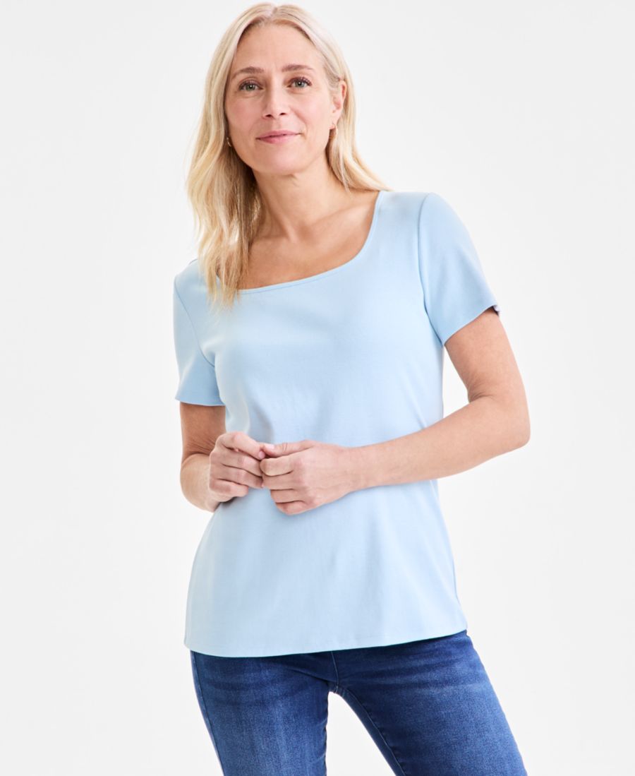 

Женская хлопковая футболка с квадратным вырезом и короткими рукавами, размеры PXS - XXL Style & Co, Dream Blue