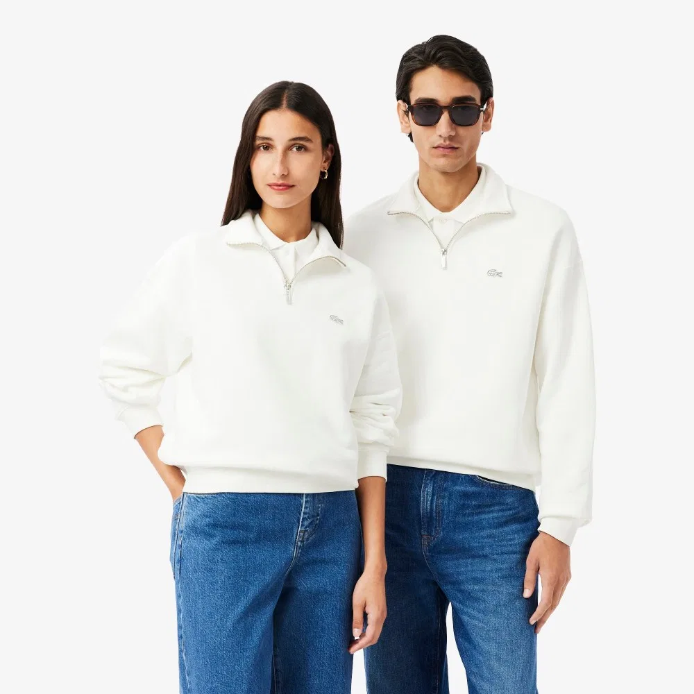 Мужской пуловер свободного кроя на молнии, молочно-белый, от Lacoste