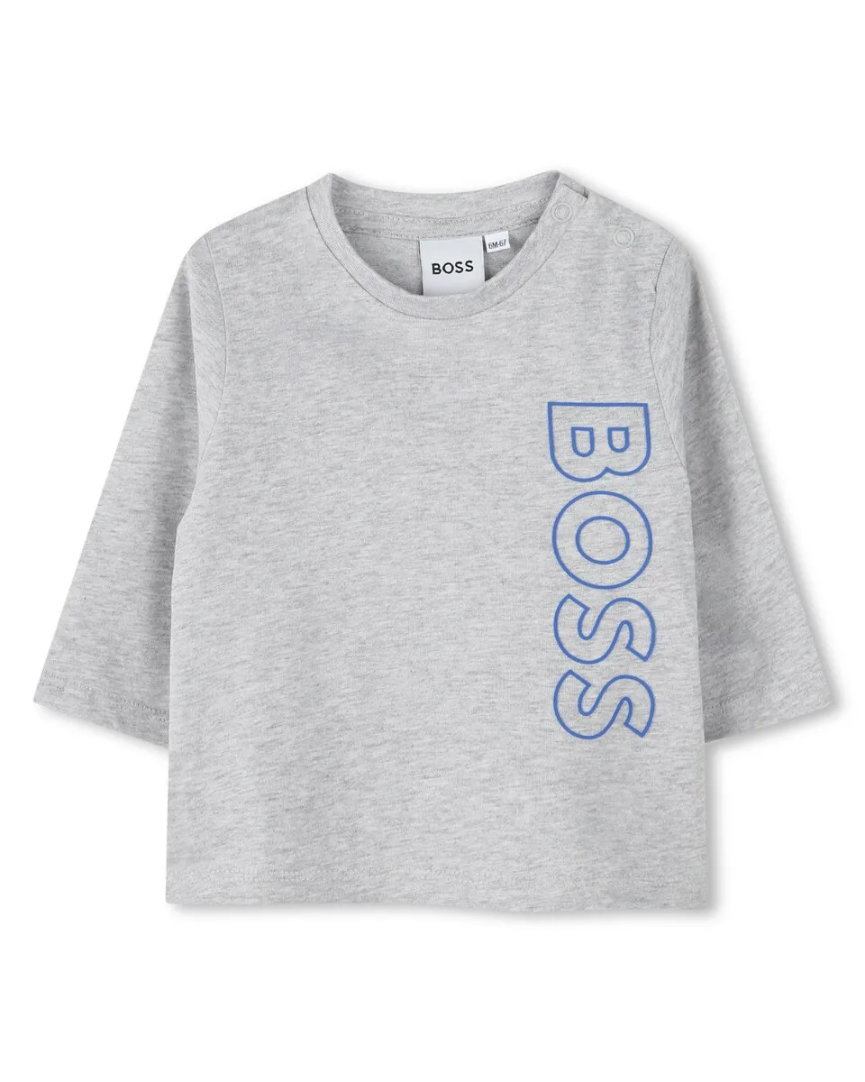 

Хлопковая футболка для мальчика с вертикальным логотипом BOSS Kidswear, светло-серый