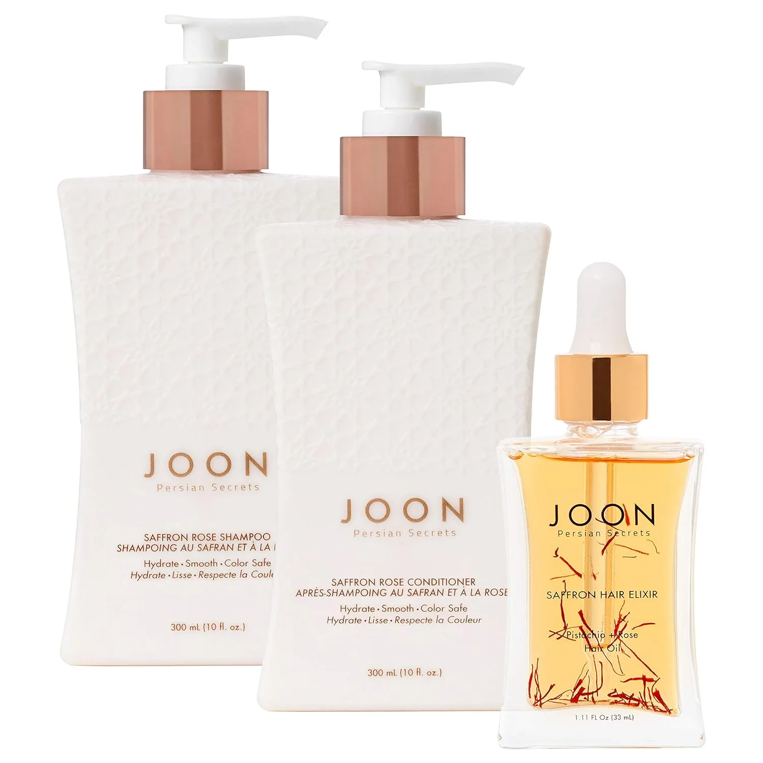 Набор Joon Moisturizing Trio Set | 30 мл эликсира для волос с шафраном, 30 мл шампуня и кондиционера с шафраном и розой