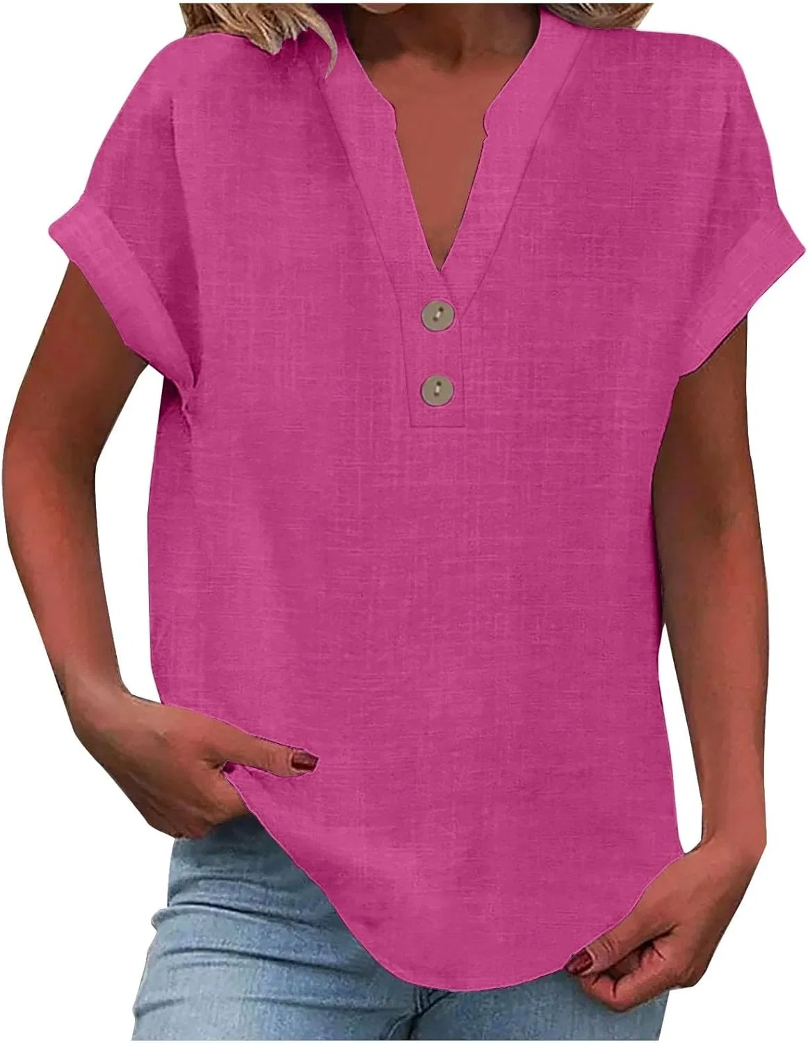 Блуза с коротким рукавом, полупуговицами и V-образным вырезом, 02-hot Pink