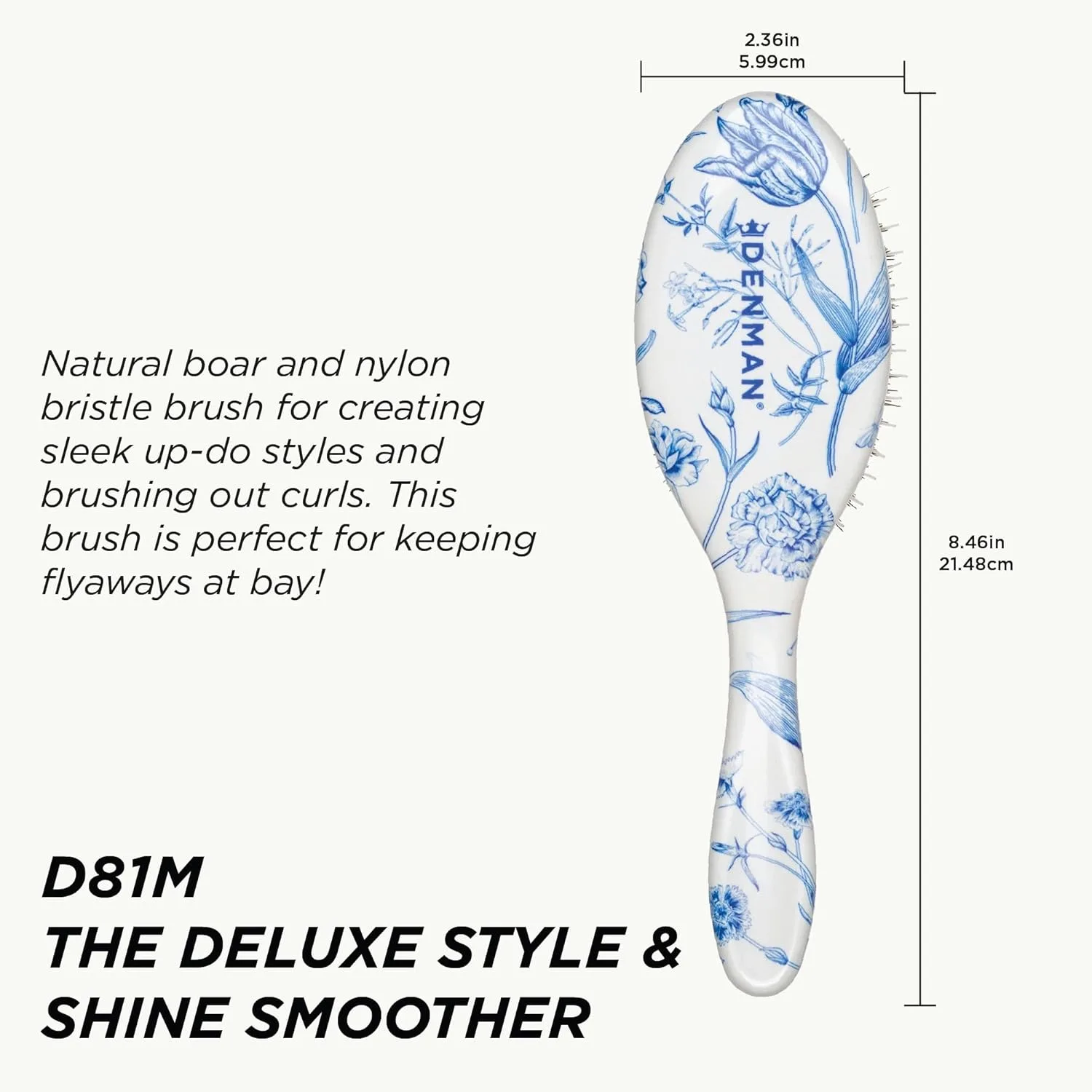 Denman Boar Bristle Hair Brush - щетка для волос с натуральной щетиной для укладки, блеска и распутывания, для всех типов волос Средний, Blue Belle — фото 2