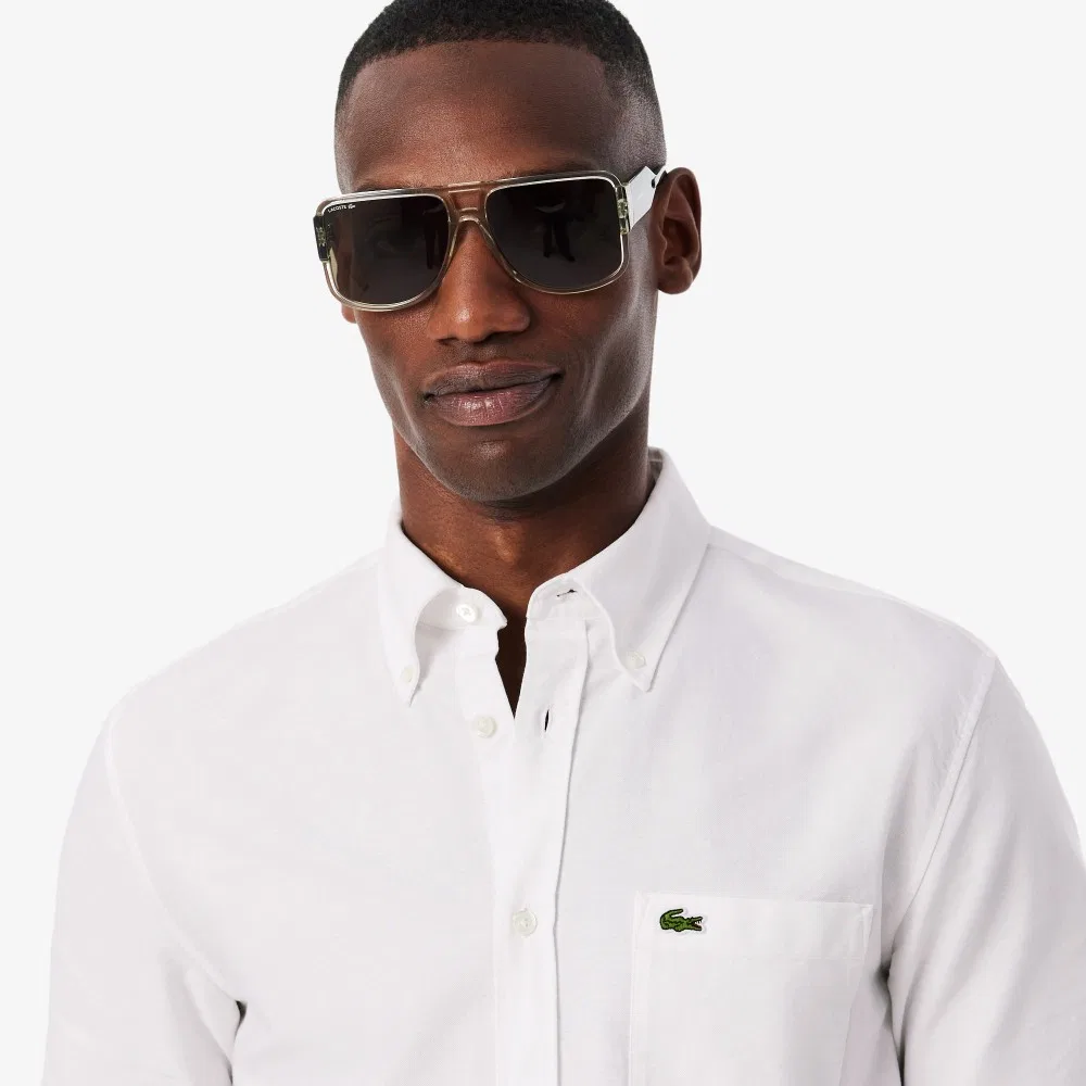 Мужская оксфордская рубашка с коротким рукавом, белая, от Lacoste — фото 2