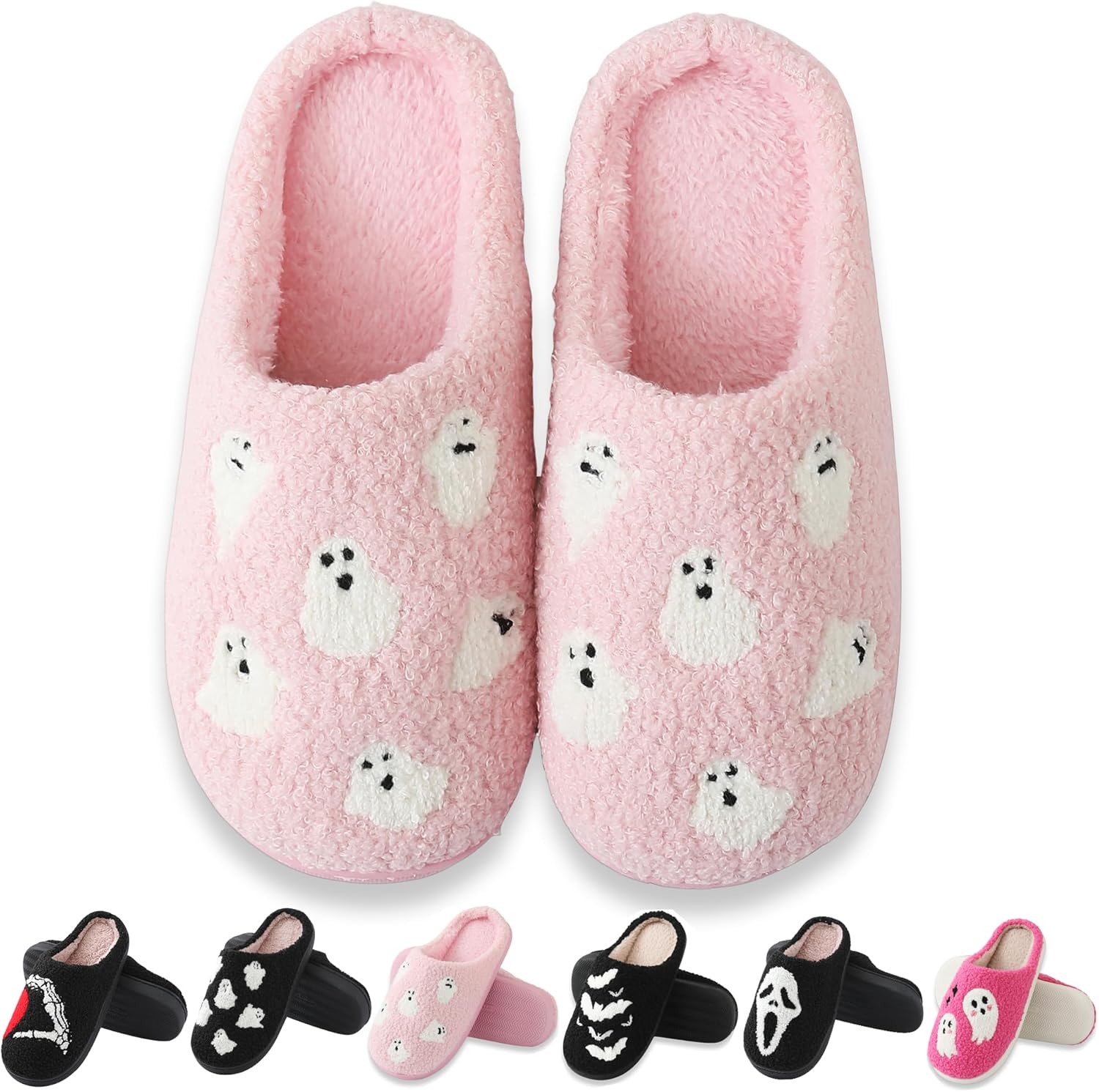 

Домашние тапочки на Хэллоуин для женщин и мужчин, в стиле ретро, из плюша с эффектом памяти, мягкие и теплые, в виде привидений, праздничные, без шнурков, для дома и улицы Qbriuqzp, розовый