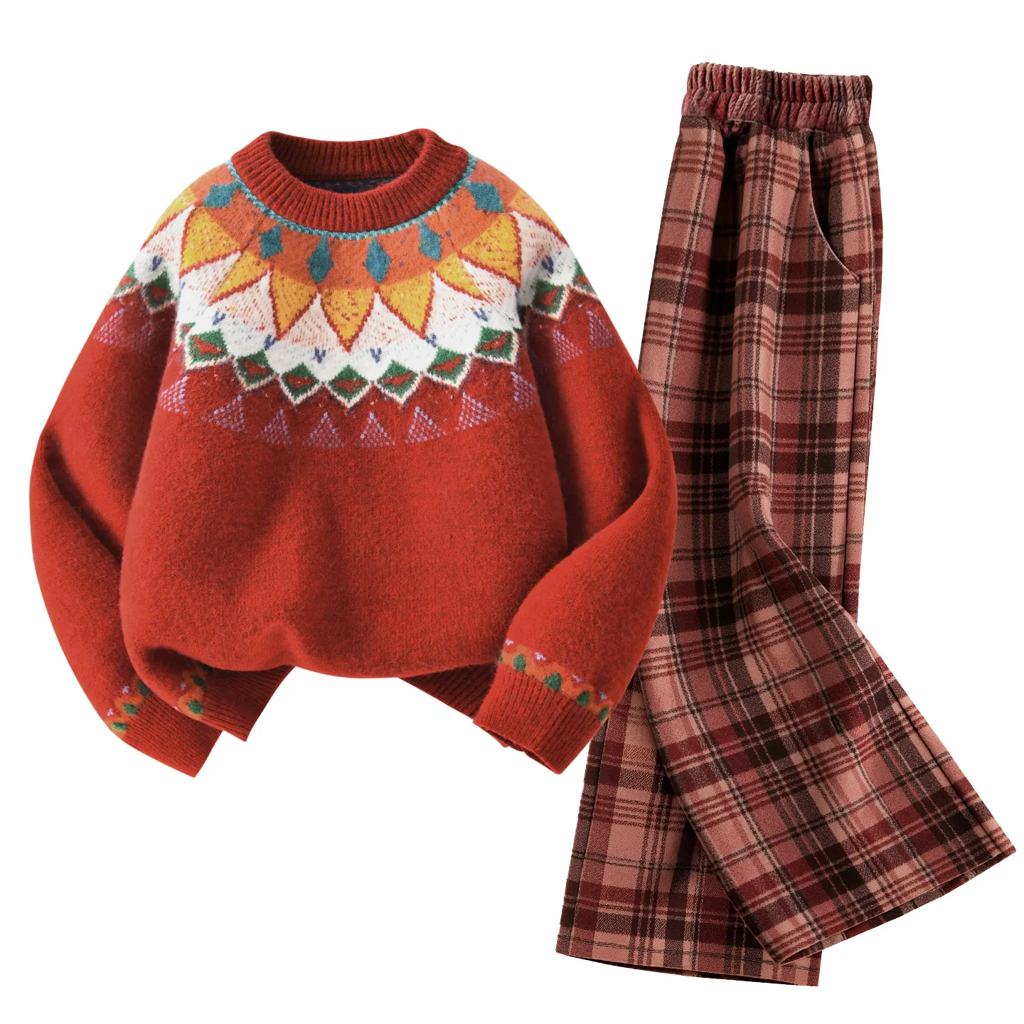 Детский спортивный костюм с круглым вырезом Disney, [Thickened and Fleece-Lined]Solid Color Red+Solid Color Red Plaid