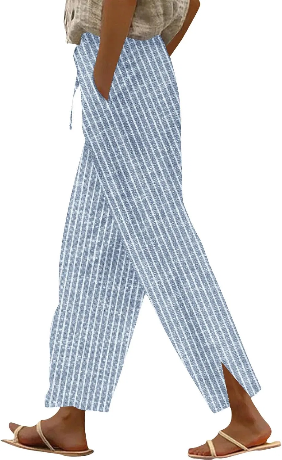 Женские полосатые льняные брюки с высокой талией, дышащие, однотонные, с вырезами по бокам, одежда для отдыха 2026 года