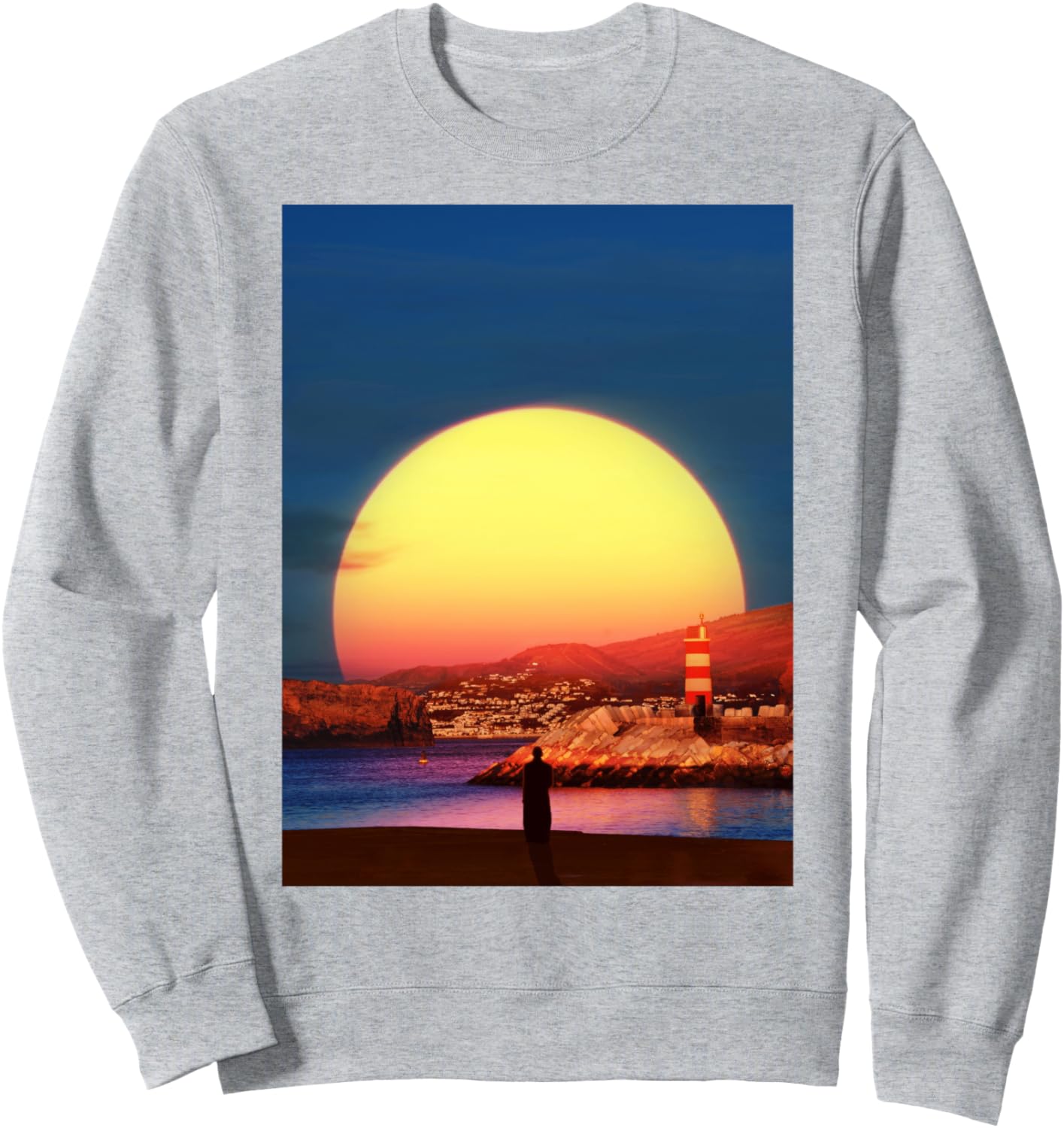 

Толстовка с изображением пляжа, маяка и гигантского солнца Sunset'S Surreal Loneliness, серый