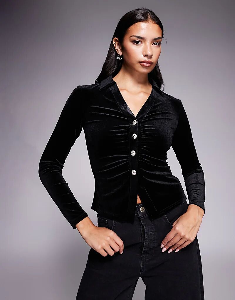 

Бархатная рубашка New Look со стразовыми пуговицами черного цвета