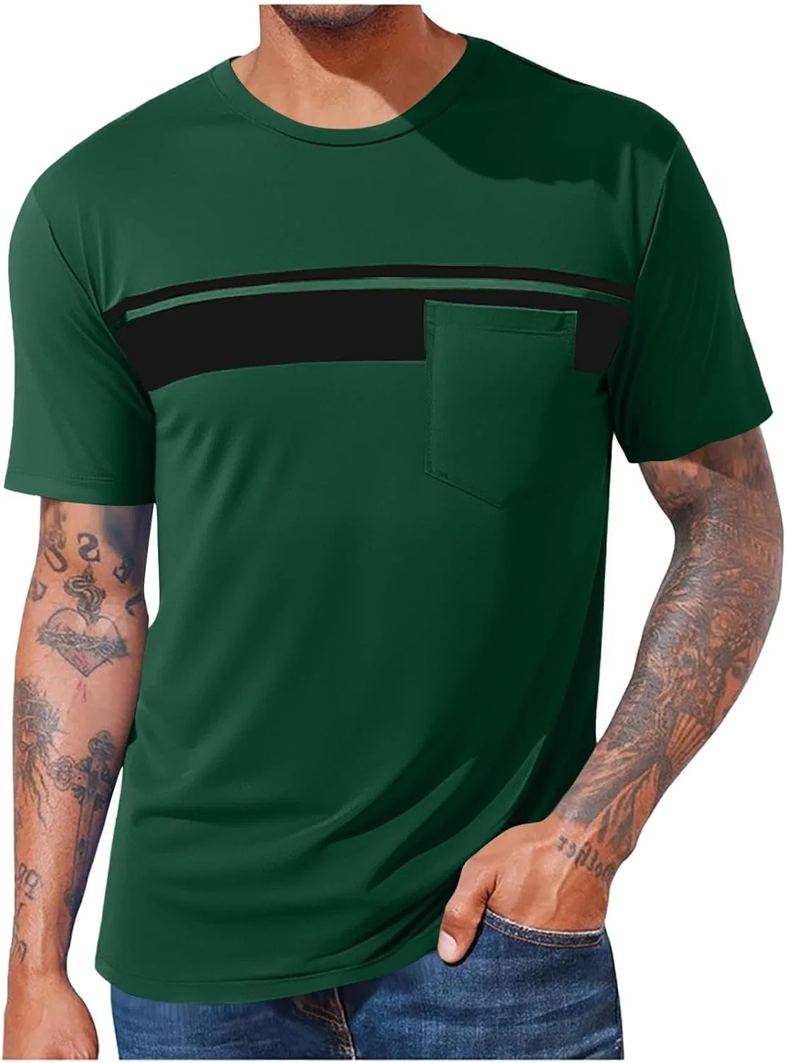 Футболка с коротким рукавом поло с карманом, Striped, Army Green