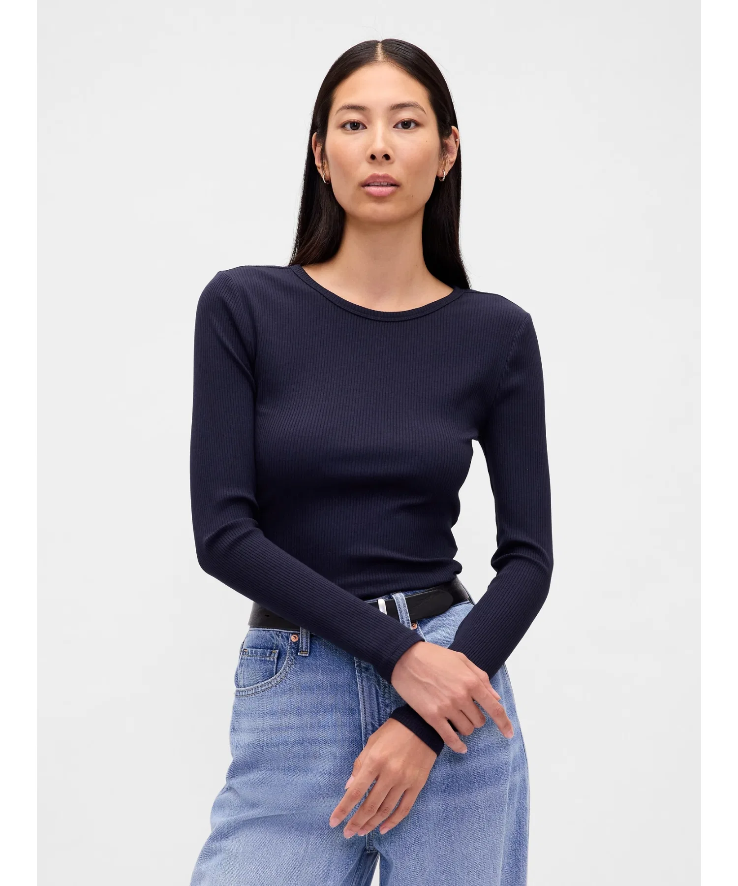 Женская футболка GAP Modern Rib с длинным рукавом тёмно-синяя