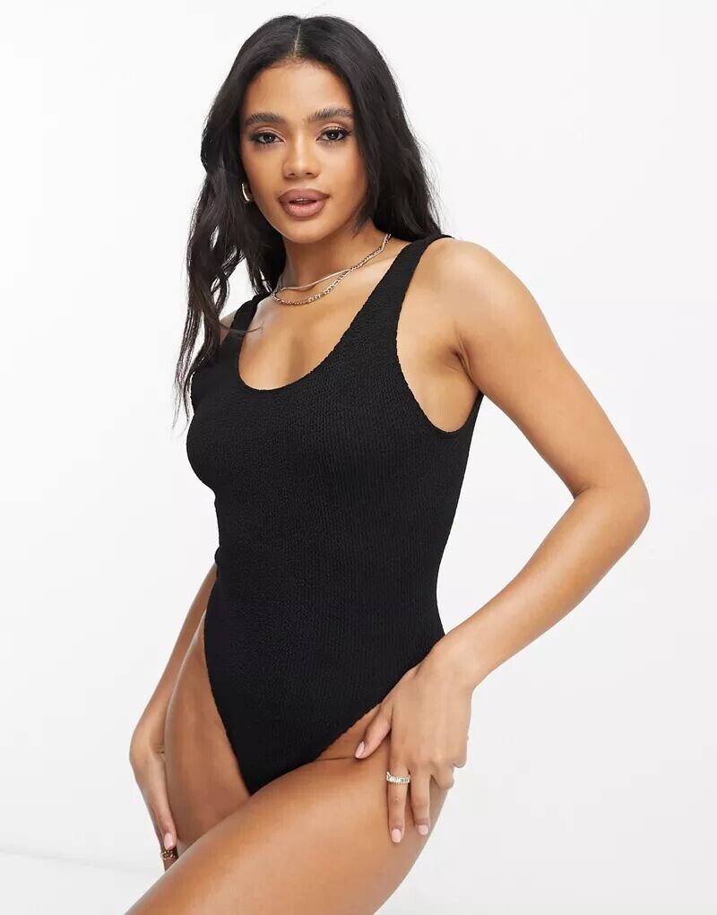 

Черный жатый купальник с низкой спинкой ASOS Amy