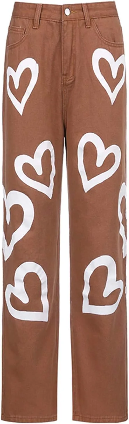 

Freebily Женские широкие брюки-джинсы Casual High Waist с принтом в виде сердечек