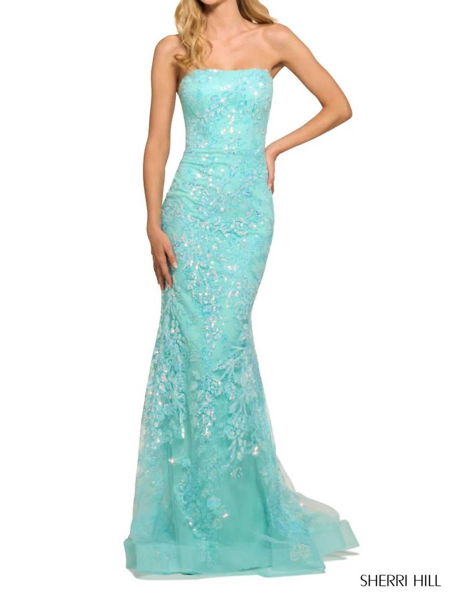 

Аква-платье с кружевом и пайетками без бретелей Sherri Hill, Aqua