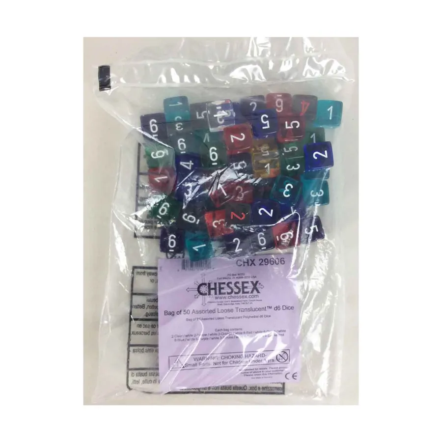 

Полупрозрачный многогранный кубик d6 (50) Пересмотренный, Dice - Bags of Dice (Assorted Colors) (Chessex)