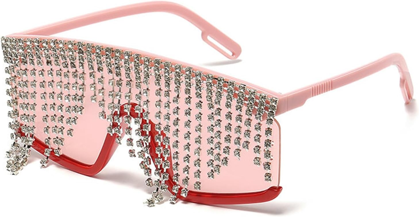 

Солнцезащитные очки Willochra с плоской верхней частью и кисточками, со стразами, бриллиантовые очки для вечеринок, солнцезащитные очки для женщин с защитой от УФ-излучения UV400, Pink