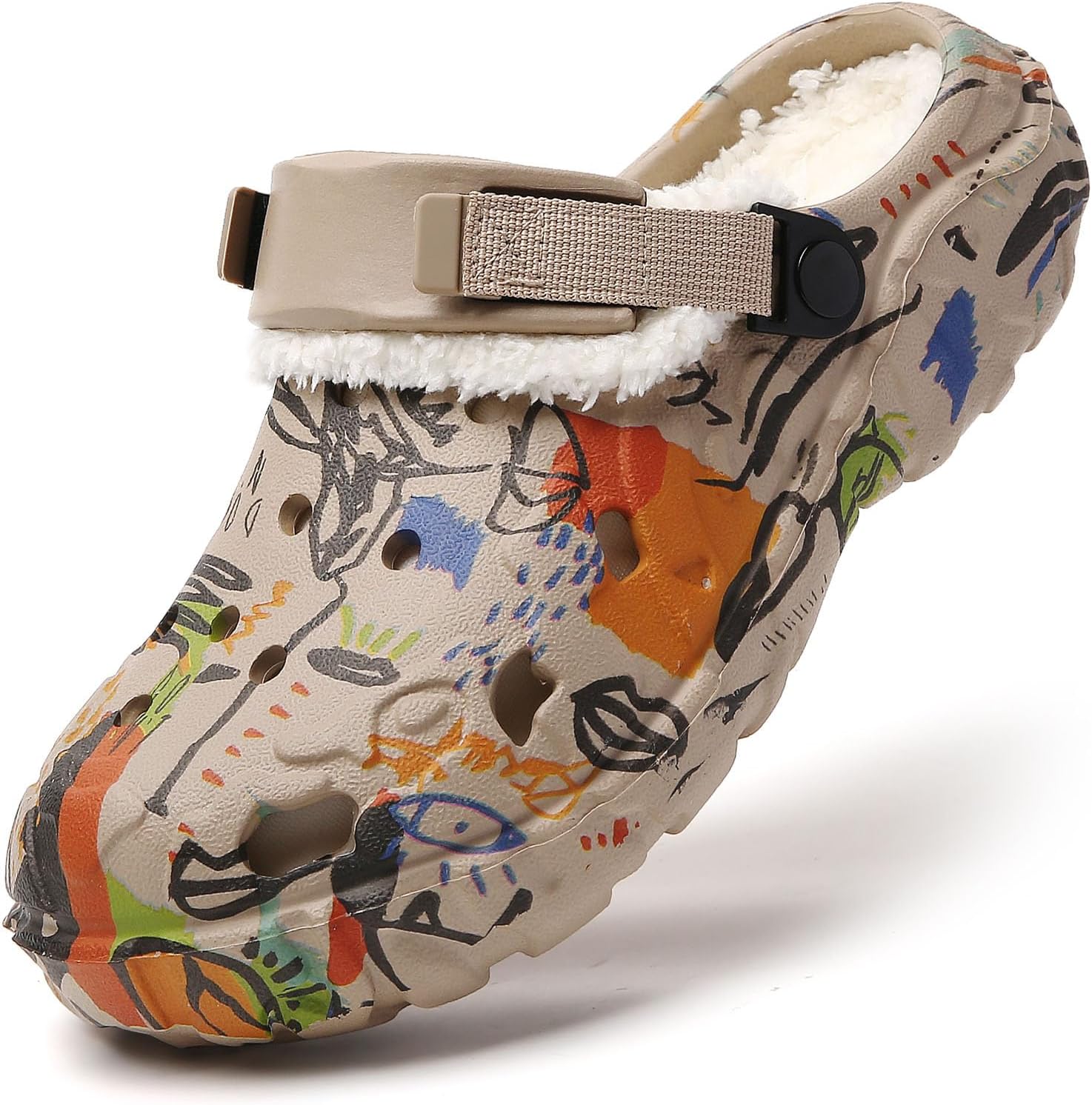 

SECHRITE Женские и мужские сабо с подкладкой, зимние пушистые садовые туфли, граффити, слипоны, дышащие домашние сандалии, унисекс, тапочки со регулируемым задним ремешком, хаки