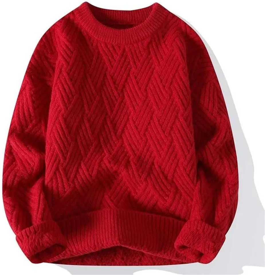 Мужской зимний свитер кабельной вязки Casual Lightweight Warm Solid Color с круглым вырезом — фото 2