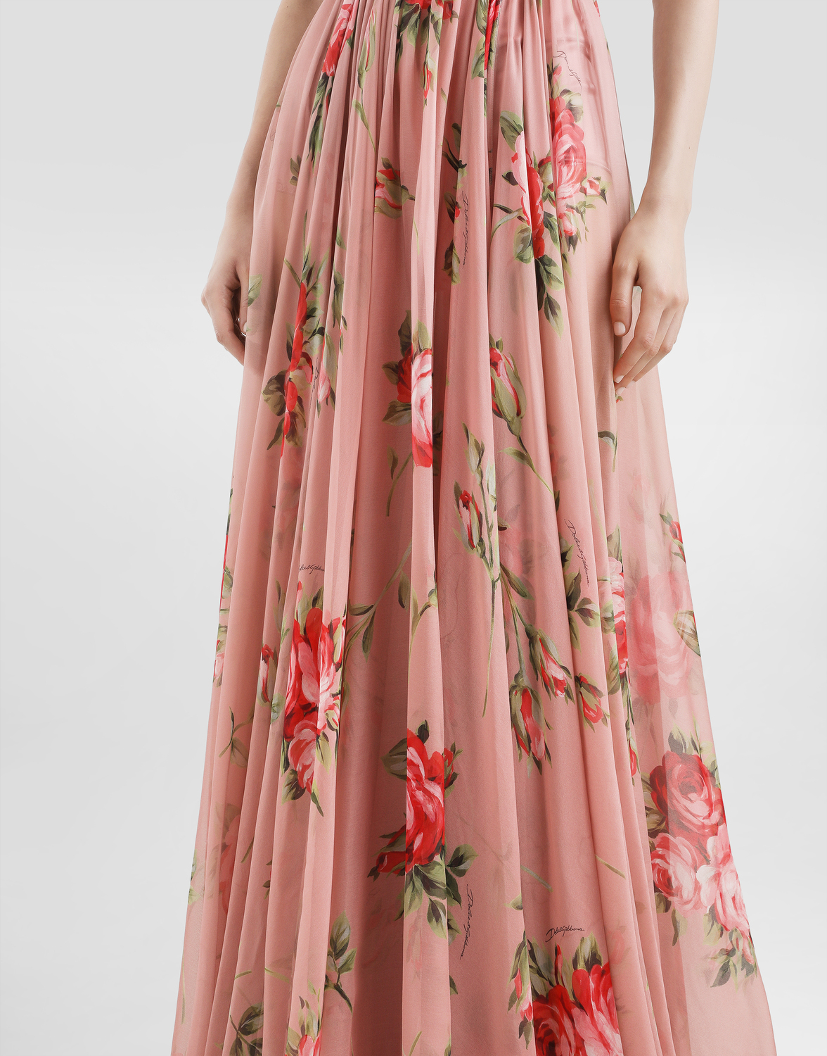 Платье из шифона с принтом розового букета DOLCE & GABBANA, мультиколор — фото 4
