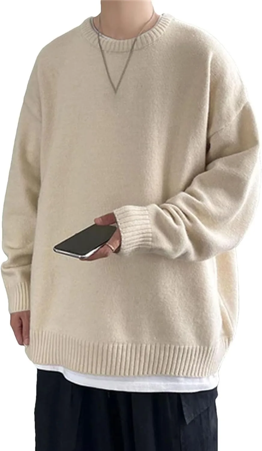 

Мужской зимний вязаный свитер с длинным рукавом и круглым вырезом контрастного цвета