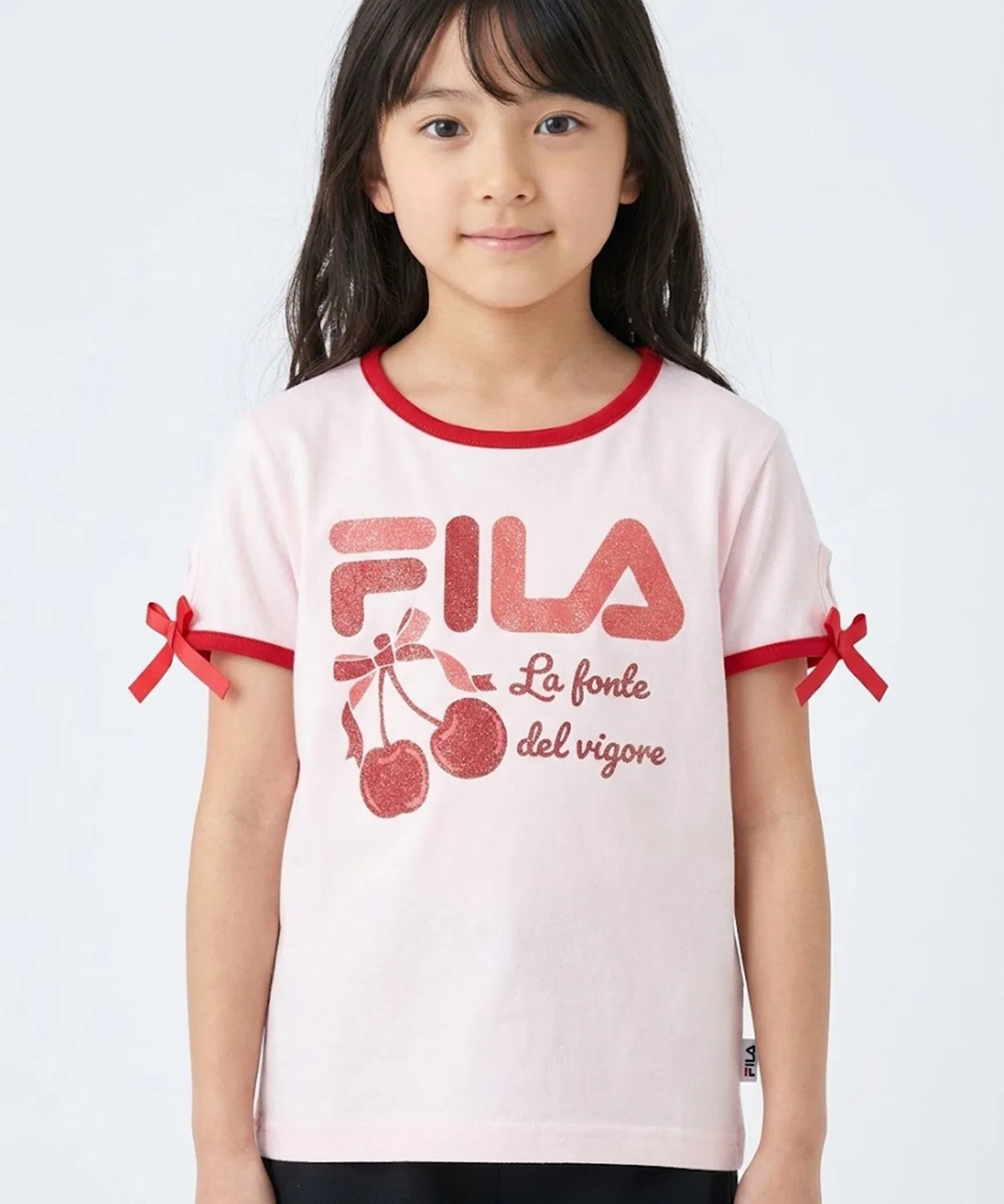 Футболка FILA для девочек с принтом вишни и бантом на рукавах розовая
