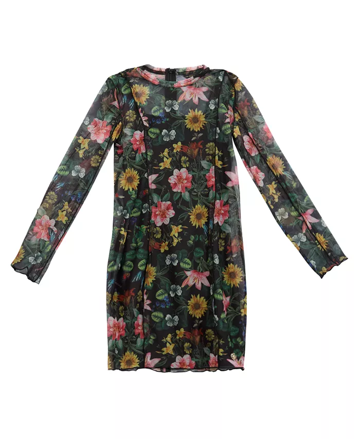 

Платье с длинными рукавами Printed Mesh для больших девочек с внутренним платьем-майкой Guess, серый