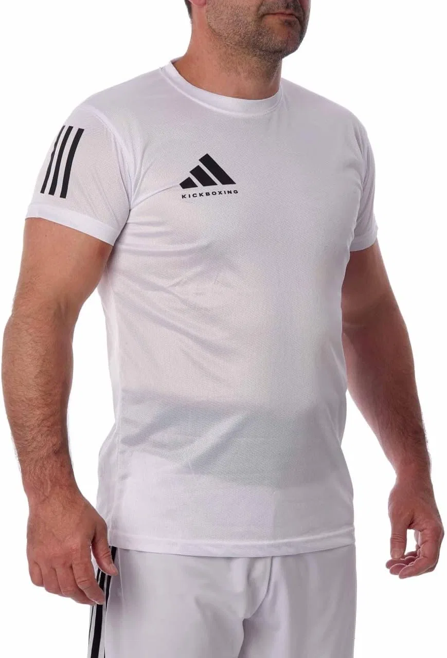 Футболка для кикбоксинга Adidas мужская женская Essentials Single Jersey, отвод влаги, быстросохнущая спортивная майка, ADIKBTS100 (US, Alpha, Medium, Regular, Regular, White/Black) — фото 2